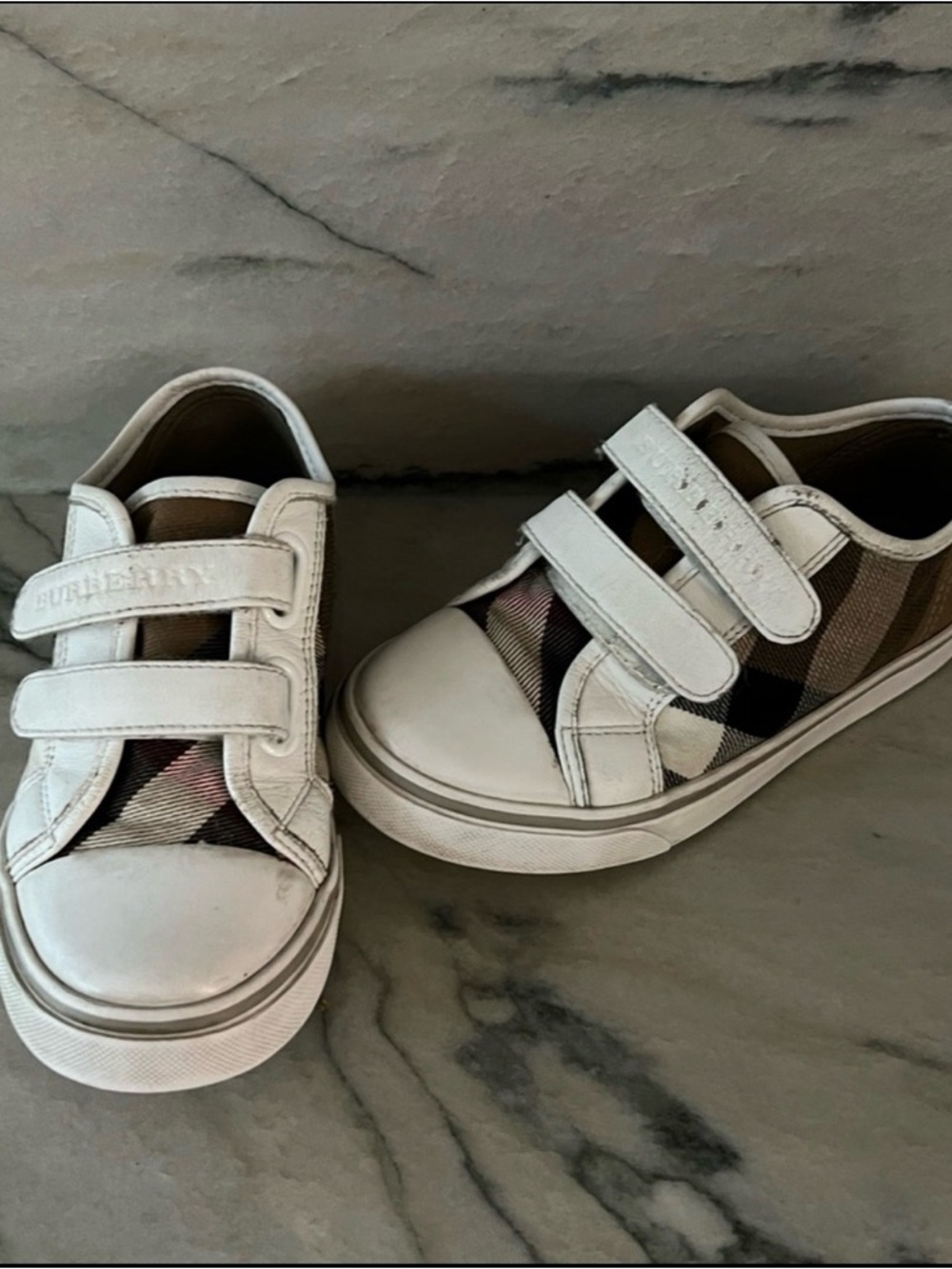 Burberry White & Beige Check Kids Velcro Sneakers